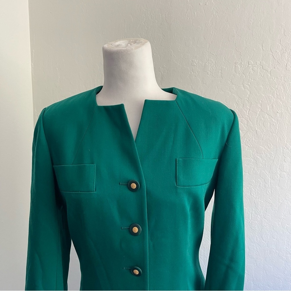 Vintage 90s Louis Feraud Dark Green Virgin Wool Black Midi Dress Womens Size 8 - Picture 4 of 10